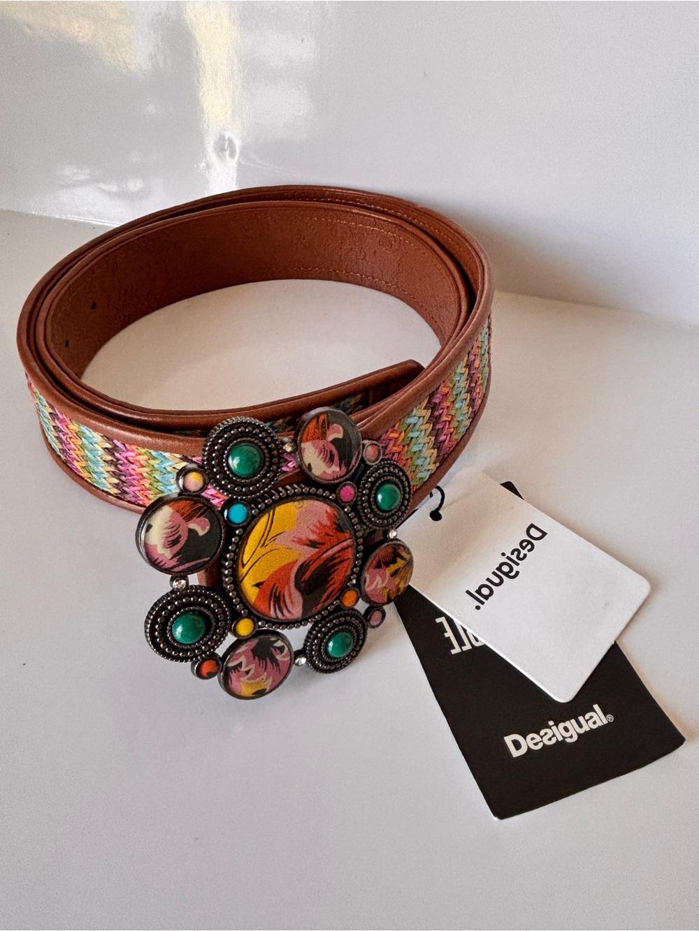 Desigual réversible brown PU Leather Belt Multicolor Embroidered Art Boho Belt